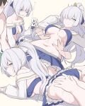  1boy 1girl anastasia_(fate) anastasia_(swimsuit_archer)_(fate) applying_sunscreen ass ass_grab bangs bare_shoulders bikini blue_bikini blue_eyes blue_skirt blush bow breasts cleavage collarbone fate/grand_order fate_(series) fujimaru_ritsuka_(male) hair_bow hair_over_one_eye large_breasts long_hair long_sleeves looking_at_viewer lotion lying massage miniskirt multiple_views navel on_stomach one_eye_closed open_mouth ponytail puffy_long_sleeves puffy_sleeves shiseki_hirame silver_hair skirt smile sunscreen swimsuit thighs translation_request very_long_hair 