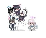  >_< 5girls angry animal_ears black_hair blue_archive bow carrying cat_ears chibi colored_inner_hair commentary_request d: doodle_sensei_(blue_archive) dx feathered_wings halo hood hoodie horns hug humidity_squad kayoko_(blue_archive) kazusa_(blue_archive) kikyou_(blue_archive) kumata_(kuma_no_eki) long_hair mika_(blue_archive) misaki_(blue_archive) multicolored_hair multiple_girls multiple_tails pants piggyback pink_hair sensei_(blue_archive) short_hair simple_background single_wing skirt sweat tail tail_wrap torn_clothes torn_pants trembling two_tails white_hair wings 