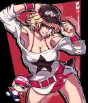  1girl alice_garnet_nakata antonubbies bare_shoulders baseball_cap bikini blonde_hair blue_eyes breasts character_doll cleavage collarbone doll fatal_fury fatal_fury_cap hat large_belt large_breasts looking_at_viewer loose_clothes loose_shirt off-shoulder_shirt off_shoulder open_mouth red_bikini shirt short_hair simple_background smile snk solo star_(symbol) swimsuit terry_bogard the_king_of_fighters the_king_of_fighters_xiv 