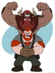  3:4 beard bovid bovine chest_tuft chutzpar disney duo european_mythology facial_hair flexing frown gravity_falls greek_mythology grin hi_res horn human long_beard long_mustache looking_at_viewer lucianthrope male mammal manly_dan manotaur minotaur muscular mustache mythology smile tuft 