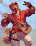  2021 4:5 abstract_background anthro clothed clothing digital_media_(artwork) ear_piercing ear_ring fully_clothed fur gnoll hair hi_res hyaenid lute male mammal musical_instrument open_mouth piercing playing_music plucked_string_instrument simple_background solo string_instrument taran_fiddler 