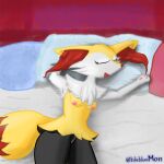  1:1 anthro bed bed_sheet bedding blubluumon braixen breasts butt eyes_closed female fur furniture genitals hi_res nintendo open_mouth pawpads pillow pok&eacute;mon pok&eacute;mon_(species) pussy raised_arm red_body red_fur sleeping small_breasts solo video_games white_body white_fur yellow_body yellow_fur 