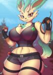  2021 5_fingers anthro anthrofied big_breasts bottomwear breasts cleavage clothed clothing complextree digital_media_(artwork) eeveelution eyebrows female fingerless_gloves fingers gloves handwear hi_res holding_object holding_pok&eacute;ball huge_breasts leafeon looking_at_viewer midriff navel nintendo outside pok&eacute;ball pok&eacute;mon pok&eacute;mon_(species) pok&eacute;morph shorts small_waist solo text thick_thighs video_games whip wide_hips 