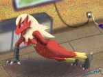  4:3 anthro bird_feet blaziken blubluumon blue_eyes bodily_fluids breasts butt claws exercise female genitals hand_behind_back hi_res nintendo pok&eacute;mon pok&eacute;mon_(species) push-up pussy red_body solo sweat video_games 
