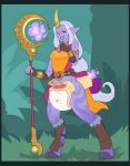  blue_border blush border cuddlehooves diaper diaper_change female forest hi_res hooves horn horned_humanoid humanoid league_of_legends magic plant riot_games solo soraka staff standing teeth tree unfastened_diaper video_games white_diaper 