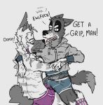  annoyed anthro arguing bodily_fluids canid canine canis clothing cum cum_leaking cum_on_underwear domestic_dog duo english_text erection footwear frottage genital_fluids grinding holding_other holding_waist hoodie hyaenid male male/male mammal on_lap profanity ricthecusco sex silly sitting_on_lap size_difference skinny socks striped_hyena text topwear underwear whiskers 