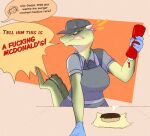  angry anthro apron argonian armor bethesda_softworks breasts burger clothed clothing cokesero cooking deeja dialogue dragonborn_(skyrim) duo english_text female food gloves handwear hat headgear headwear helmet hi_res human ketchup male mammal mcdonald&#039;s meat scalie scar solo_focus text the_elder_scrolls uniform video_games yelling 