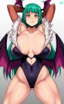  absurd_res areola big_breasts blush breasts butt_from_the_front capcom darkstalkers female green_hair hair hi_res humanoid jmg morrigan_aensland not_furry solo video_games winged_humanoid wings 