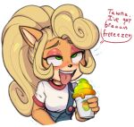  activision ahegao anonymous_artist anthro blonde_hair blush bodily_fluids brain_freeze breasts clothing coco_bandicoot container crash_bandicoot_(series) cup dessert dialogue english_text eye_roll female food green_eyes hair half-closed_eyes holding_object ice_cream long_hair looking_pleasured mammal marsupial narrowed_eyes open_mouth saliva saliva_string simple_background solo speech_bubble teeth text tongue tongue_out video_games white_background 