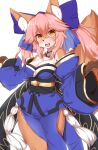  2021 accessory anthro big_breasts blush breasts brown_body brown_fur canid canine caster_tamamo-no-mae cleavage clothed clothing cute_fangs fate_(series) female fox fur hair hair_accessory hair_bow hair_ribbon hi_res horokusa0519 inner_ear_fluff kemono mammal multicolored_body multicolored_fur open_mouth pink_hair ribbons smile solo tongue tuft two_tone_body two_tone_fur white_body white_fur yellow_eyes 