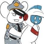  1:1 2018 anthro armor bottomwear clothing commander_star dig_dug duo hat headgear headwear helmet male mammal mappy mappy_(character) mouse murid murine necktie pants police police_hat red_nose rodent shiftylook shirt simple_background slightly_chubby taizo_hori topwear video_games white_background white_body 