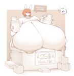  $ 2018 5_fingers anthro areola artist_name big_breasts biped bodily_fluids book breast_rest breasts duo emily_(kawaiijetty) english_text female fingers hair_over_eyes hi_res huge_breasts hyper hyper_breasts lactating lagomorph leporid mammal milk milk_pail monochrome nipples rabbit sepia smile solo_focus tartnsfw text year 
