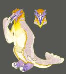  ambiguous_gender anthro avian avian-king beak bird blue_eyes feathers front_view hi_res hybrid mammal model_sheet multi_eye open_mouth pangolin penguin purple_mouth scales scutes solo tail_feathers talons teeth tongue white_body white_scales yellow_body yellow_feathers 