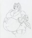  2011 anthro belly big_belly big_breasts bottomwear breasts canid canine canis clothed clothing danellz domestic_dog dumbbell female hand_on_stomach huge_breasts husky hyper hyper_belly mammal muscular muscular_female navel nordic_sled_dog outie_navel pregnant sketch solo spitz topwear weights 