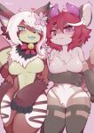  &lt;3 accessory anthro blue_eyes blush breasts duo featureless_breasts female flower flower_in_hair hair hair_accessory hi_res horn looking_at_viewer mammal mostly_nude pink_eyes plant ribbons tenyati thick_thighs tuft 