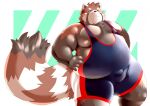  2021 ailurid anthro black_nose blush brown_body bulge humanoid_hands kemono male mammal overweight overweight_male red_panda simple_background solo tomoyamaru_alt wrestling_singlet 