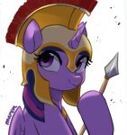  armor equid equine female friendship_is_magic galea hair headgear helmet hi_res horn looking_up mammal marenlicious melee_weapon my_little_pony polearm portrait purple_eyes purple_hair simple_background smile solo spear twilight_sparkle_(mlp) weapon white_background winged_unicorn wings 