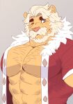  abs alternate_species blue_eyes body_hair clothed clothing cookie_run eggnog_cookie facial_hair felid fur hi_res istani lion male mammal muscular muscular_male mustache one_eye_closed open_clothing open_topwear pantherine pecs simple_background solo tan_body tan_fur topwear wink 