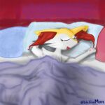  1:1 anthro bed bed_sheet bedding blubluumon braixen eyes_closed female fur furniture hi_res nintendo open_mouth pawpads pillow pok&eacute;mon pok&eacute;mon_(species) raised_arm red_body red_fur sleeping solo video_games white_body white_fur yellow_body yellow_fur 