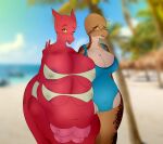  2021 4_breasts anthro beach big_breasts bikini blush bovid bovine breasts clothing digital_media_(artwork) duo female gesture hi_res huge_breasts kaijuslam kobold kowbold male mammal morbidly_obese multi_breast navel nervous_smile nervous_sweat obese overweight red_body red_scales reptile sand_boa scale_freckles scales scalie seaside smile snake spots swimwear teats udders v_sign zed_(scales) zmia_(lunchmeat) 