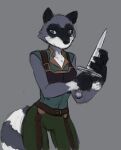  almond_pecanpaws anthro armor clothed clothing dagger digital_media_(artwork) earth_eternal female fur hi_res holding_object holding_weapon mammal melee_weapon procyonid raccoon sealer4258 simple_background solo video_games weapon white_body white_fur 