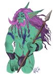  blizzard_entertainment braided_hair bulge genital_outline hair humanoid long_hair male melee_weapon nipple_piercing nipples not_furry penis_outline piercing polearm pubes solo spear taliamirai troll tusks video_games warcraft weapon 