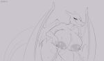  anthro bent_over big_breasts black_and_grey bodily_fluids breasts charizard female genitals hi_res holding_breast huge_breasts lactating monochrome nintendo nipples nude pok&eacute;mon pok&eacute;mon_(species) pussy schwoo solo video_games 