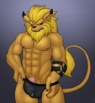  balls bandai_namco beard blonde_hair blue_eyes bulge clothing digimon digimon_(species) dripping_penis erection facial_hair frown genitals hair hi_res leomon male mane muscular nipples penis pubes solo underwear x03 