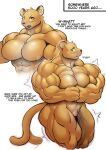  2021 anthro big_breasts big_muscles blush breasts english_text featureless_breasts felid female flexing guennol_lioness hi_res huge_muscles hyper hyper_muscles lion looking_at_viewer looking_away mammal muscular muscular_anthro muscular_female muscular_thighs pantherine razzberryboat simple_background solo text thick_thighs 