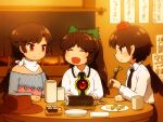  3girls bandana bandana_around_neck bird_wings black_necktie black_skirt black_wings blue_shirt bow brown_hair brown_hat chopsticks closed_eyes closed_mouth collared_shirt commentary_request cowboy_hat cup eating edamame ehoumaki facing_another food food_request frilled_shirt_collar frills green_bow hair_bow hat holding holding_chopsticks indoors kurokoma_saki long_hair long_sleeves looking_at_another makizushi missing_headwear multiple_girls necktie open_mouth plate pointy_ears red_eyes red_hat reiuji_utsuho restaurant shameimaru_aya shirosato shirt skirt smile sushi table third_eye third_eye_on_chest tokin_hat touhou translation_request unworn_headwear very_long_hair white_bandana white_shirt wings yunomi 
