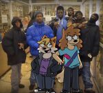 404piano anthro arm_on_shoulder balaclava beanie big_tail black_beanie black_clothing black_hat black_headwear black_sweater black_topwear blonde_hair blue_clothing blue_sweater blue_topwear bottomwear canid canine canis clothing dark_body dark_skin denim denim_bottomwear denim_clothing domestic_dog female footwear fox gang gang_sign group hair hand_in_pocket harrod_(normalsville) hat headgear headwear human jacket jeans long_hair looking_at_another male mammal mask normalsville open_mouth pants photo_background photography_(artwork) pockets poodle posing_for_picture shadow shirt shoes sweater tail topwear true_fox zoey_(normalsville)