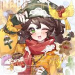  1girl adjusting_clothes adjusting_headwear bird braid brown_hair character_snowman chinese_commentary christmas coat commentary_request commission emma_woods eyelashes fingerless_gloves flower-shaped_pupils freckles gingerbread_man gloves green_eyes green_gloves green_hat hair_between_eyes hat identity_v jiangshang long_hair long_sleeves looking_at_viewer official_alternate_costume one_eye_closed open_mouth parted_bangs plaid_hat red_scarf scarf simple_background snow_on_clothes snow_on_head snowflakes snowman solo symbol-shaped_pupils twin_braids white_background yellow_bird yellow_coat 