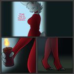  ... 1:1 2021 anthro barefoot biped bodysuit border breasts candle clothing collar comic cross-popping_vein digitigrade dominant dominant_anthro dominant_female dominatrix english_text feet female fire grey_border hi_res holding_candle holding_object lagomorph leporid lit_candle long_ears mammal rabbit red_collar red_suit ryelletibun scut_tail short_tail skinsuit solo text tight_clothing 