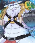  abs anthro armor bandai_namco blue_eyes bottomwear clothing digimon digimon_(species) fur harness headgear helmet hi_res loincloth male muscular muscular_anthro muscular_male pecs shirokumaou solo tusks vikemon viking viking_helmet white_body white_fur 