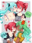  4girls ? ?? after_kiss ahoge anger_vein aqua_hair blush brazilian_flag brazilian_flag_print brazilian_miku closed_eyes commentary dark-skinned_female dark_skin drill_hair english_commentary flag_print flower hair_between_eyes hair_flower hair_ornament hatsune_miku highres kasane_teto kiss kissing_cheek long_hair multiple_girls open_mouth parted_lips raglan_sleeves red_eyes red_hair sachichuu saliva saliva_trail shirt spoken_anger_vein spoken_symbol tan twin_drills twintails utau vocaloid yellow_shirt yuri 