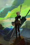  1girl 2b_(nier:automata) aircraft airship black_dress black_hairband blindfold boots breasts building cleavage cleavage_cutout closed_mouth clothing_cutout cloud covered_eyes destruction dress feather_trim flying full_body gloves gradient_background green_background hairband holding holding_sword holding_weapon huge_weapon jen_zee katana lips long_sleeves medium_breasts mole mole_under_mouth nier:automata nier_(series) puffy_sleeves rubble short_dress short_hair standing sword thigh_boots thighhighs thighs turtleneck weapon white_hair 