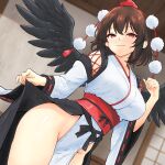  1girl :3 bird_wings black_wings blush breasts brown_hair closed_mouth commentary_request detached_sleeves feathered_wings groin hair_between_eyes hat highres hinben japanese_clothes kimono kourindou_tengu_costume large_breasts looking_at_viewer medium_hair no_panties obi official_alternate_costume pelvic_curtain pom_pom_(clothes) red_eyes red_hat red_sash ribbon-trimmed_sleeves ribbon_trim sash shameimaru_aya side_slit smile solo thighs tokin_hat touhou white_kimono wings 