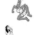  1:1 2021 anthro black_and_white cross didelphid duo female happy hi_res hladilnik humor jumping lagomorph leporid mammal marsupial marylin_(hladilnik) monochrome pro_bun_(hladilnik) rabbit scared suspended_in_midair 