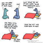  1:1 bedding blanket blue_body blue_fox_(foxes_in_love) blue_fur blue_tail canid canine comic dialogue duo english_text feral fox foxes_in_love fur green_body green_fox_(foxes_in_love) green_fur green_tail hi_res male_(lore) mammal pillow shadow simple_background sleep_talking sleeping text url 