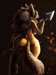  3:4 5_fingers anthro breasts brown_body brown_fur butt canid female fingers fur general-irrelevant hi_res holding_object holding_spear holding_weapon looking_at_viewer looking_back looking_back_at_viewer mammal melee_weapon nude polearm simple_background solo spear weapon 