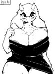 2021 5_fingers anthro big_breasts black_and_white blush boss_monster bovid breasts caprine chest_tuft cleavage clothed clothing eyelashes eyewear female fingers floppy_ears front_view fur glasses half-length_portrait horn huge_breasts looking_at_viewer mammal mature_anthro mature_female monochrome pixcello portrait sitting solo thick_thighs toriel towel towel_only tuft undertale undertale_(series) video_games 