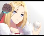  1girl ball baseball_(object) black_flower black_rose blonde_hair blue_eyes cape commentary_request flower fur_cape hair_ornament hairpin heaven_burns_red highres minase_ichigo negino_yurine rose 