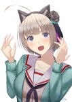  1girl animal_ears black_flower black_rose fake_animal_ears flower grey_hair hairband heaven_burns_red highres minase_sumomo negino_yurine open_mouth rose school_uniform short_hair simple_background 
