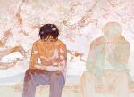  2boys bench black_hair blue-framed_eyewear blue_eyes blue_pants blush branch cherry_blossoms dappled_sunlight falling_petals flower glass green_shirt hand_on_own_face highres katsuki_yuuri looking_at_another looking_down luckyia male_focus multiple_boys on_bench outdoors pants pastel_colors petals pink_flower pink_petals shirt spring_(season) sunlight tree viktor_nikiforov white_hair white_shirt yaoi yuri!!!_on_ice 