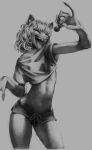  2021 absurd_res anthro biped bottomwear breasts claws clothed clothing crop_top curled_hair digital_drawing_(artwork) digital_media_(artwork) eldritch_horror eyes_closed female flat_chested fur grey_background greyscale hair hi_res holding_microphone holding_object hotpants long_fingers microphone missy_(napalm_express) monochrome napalm_express open_mouth open_smile portrait sharp_teeth shirt shorts simple_background small_breasts smile solo teeth three-quarter_portrait topwear 