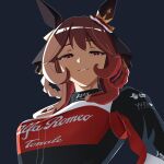  1girl alfa_romeo animal_ears braid braided_hair_rings breasts brown_hair ear_covers formula_one gentildonna_(umamusume) hair_between_eyes hair_ornament hair_rings heart-shaped_ornament heart_ear_ornament highres horse_ears horse_girl large_breasts long_hair looking_at_viewer parted_lips racing_suit red_eyes simple_background smile solo toyeeta_prius umamusume upper_body 