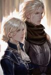  1boy 1girl ascot black_scarf blonde_hair blue_coat blue_eyes blue_surcoat brother_and_sister closed_mouth coat commentary_request duchess_(elden_ring) elden_ring elden_ring_nightreign from_side hair_bun height_difference high_collar highres jandro_amu long_hair medium_hair scar scar_on_cheek scar_on_face scar_on_mouth scarf siblings twitter_username white_ascot wylder_(elden_ring) 