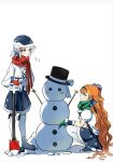  2girls alternate_costume black_boots black_hat blue_bow blue_hat blue_skirt boater_hat boots bow character_snowman gloves green_gloves grey_eyes hair_bun hat hat_bow highres holding holding_shovel miniskirt multiple_girls orange_hair puff_of_air puffy_short_sleeves puffy_sleeves red_gloves red_scarf reverse:1999 scarf seventeen_meimi shirt short_hair short_sleeves shovel single_side_bun skirt snow snowman sonetto_(reverse:1999) squatting standing vertin_(reverse:1999) white_background white_hair white_shirt 
