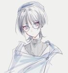  1boy 316_yogurt beret bespectacled blue_hat blue_shawl blunt_ends casual choppy_bangs closed_mouth collared_shirt commentary_request contemporary expressionless eyeliner genshin_impact glasses gold_necklace grey_eyes grey_hair grey_sweater hair_intakes hat highres jewelry looking_at_viewer makeup male_focus necklace official_alternate_costume open_collar red_eyeliner scaramouche_(genshin_impact) shawl shirt sketch solo sweater tsurime turtleneck turtleneck_sweater wanderer_(genshin_impact) wanderer_(impression)_(genshin_impact) white_background white_shirt 