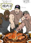  3boys alcohol bald baseball_cap beer beer_mug black_eyes black_hair black_hat blonde_hair brown_shirt camouflage camouflage_hat camouflage_pants clenched_hand commentary_request cooking cup dark-skinned_male dark_skin digital_camouflage fire futoshi_slim grey_tank_top grill hat highres holding holding_cup holding_tongs lettuce male_focus mug multiple_boys open_mouth original pants shirt smile speech_bubble tank_top tongs translation_request united_states_marine_corps v-shaped_eyebrows 